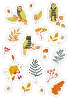 Stickers set A4 A5 with autumn elements - leaves, owls, berries. Isolated fall coloured elements with silhouettes vector