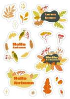 Stickers set A4 A5 with autumn elements - leaves, owls, berries. Isolated fall coloured elements with silhouettes vector