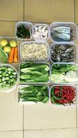 arrangement of food preparation before putting it in the refrigerator. various vegetables, fruit and fish are placed in separate containers. photo