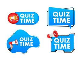 Megaphone label set with text Quiz time. Megaphone in hand promotion banner. Marketing and advertising vector