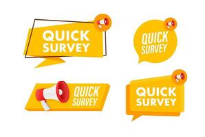 Megaphone label set with text quick survey. Megaphone in hand promotion banner. Marketing and advertising vector