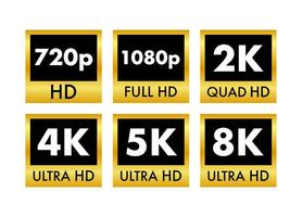 Video dimension labels. Video resolution 720, 1080, 2k, 4k, 8k badges. Quality design element. Vector stock illustration.