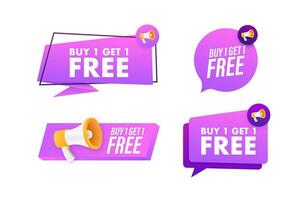 Megaphone label set with text Buy 1 get 1 free. Megaphone in hand promotion banner. Marketing and advertising vector