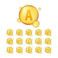 Set of Multi Vitamin complex. A, B group B1, B2, B5, B6, B9, B12, C, D, D3, E, K, H, K1, PP. Multivitamin supplement. vector