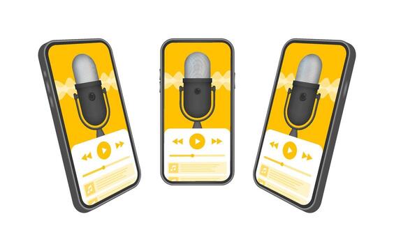 Podcast app on smartphone screen, mobile ui. Recording, online broadcasting. Audio blog. Radio program. Vector stock illustration.