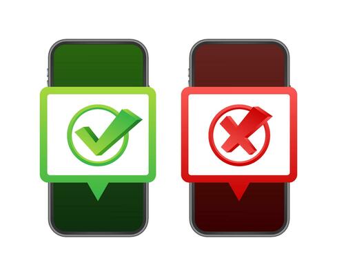 Hands holding smartphones with checkmarks set. Tick and cross check marks. Vector stock illustration
