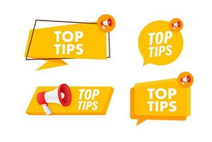 Megaphone label set with text Top tips. Megaphone in hand promotion banner. Marketing and advertising vector