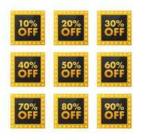 Sale tags. Special offer discount tag 10, 10, 20, 30, 40, 50, 60, 70, 80, 90 percent off price. Discount promotion vector