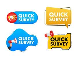 Megaphone label set with text quick survey. Megaphone in hand promotion banner. Marketing and advertising vector