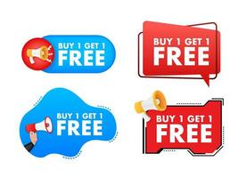 Megaphone label set with text Buy 1 get 1 free. Megaphone in hand promotion banner. Marketing and advertising vector