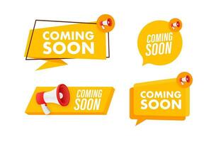 Megaphone label set with text coming soon. Megaphone in hand promotion banner. Marketing and advertising vector