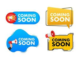 Megaphone label set with text coming soon. Megaphone in hand promotion banner. Marketing and advertising vector