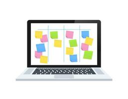 Board with Color Sticky Notes and Markers for Management on laptop screen. Weekly planner. vector