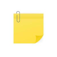 Yellow sticky note with paper clip isolated on white background. Vector illustration