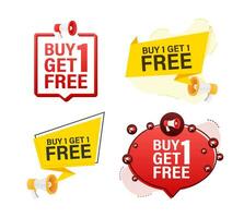 Megaphone label set with text Buy 1 get 1 free. Megaphone in hand promotion banner. Marketing and advertising vector