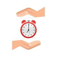 alarma reloj, despertar arriba hora en manos en blanco antecedentes. movimiento gráficos 4k vector