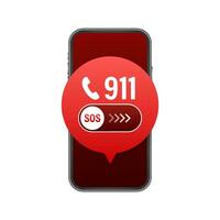 911 smartphone in flat style. Call icon vector. Hand holding smartphone. First aid. Finger touch screen. Vector stock illustration