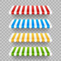 Colored striped awnings set for shop, restaurants and market store on transparent background. Vector stock illustration.