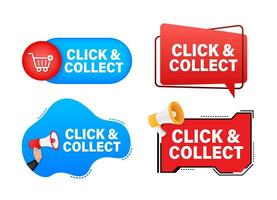 Megaphone label set with text Click and collect. Megaphone in hand promotion banner. Marketing and advertising vector