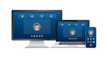 Incoming video call on laptop. Laptop with incoming call, man profile picture and accept decline buttons. Vector stock illustration.