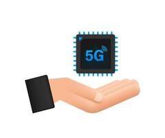 5g é SIM incrustado sim tarjeta con manos icono símbolo concepto. nuevo chip móvil celular comunicación tecnología. movimiento gráficos 4k vector