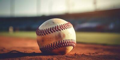 ai generado. ai generativo. Clásico retro americano tradicional juego deporte actividad béisbol pelota en campo césped base antecedentes. gráfico Arte foto