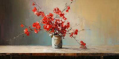 ai generado. ai generativo. naturaleza florecer flora flores en de madera mesa en Clásico petróleo dibujo pintura estilo. gráfico Arte foto