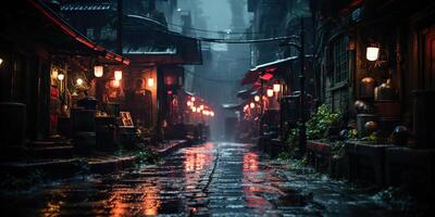 ai generado. ai generativo. tradicional japonés ciudad pueblo caminando calle noche vida en lluvia tiempo. paisaje urbano aventuras viaje explorar. gráfico Arte foto