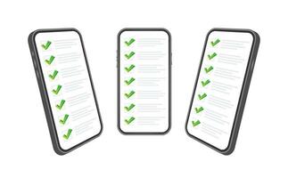 Green check list smartphone. Survey vector illustration. Green tick. Flat check list smartphone for web design. Customer service.