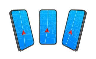 teléfono inteligente con móvil navegación aplicación en pantalla. ruta mapa con símbolos demostración ubicación de hombre. vector valores ilustración.