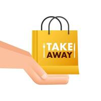Take away Bag and hand sign, label. Take out food icon. Vector stock illustration