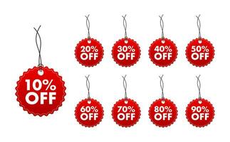 Sale tags. Special offer discount tag 10, 10, 20, 30, 40, 50, 60, 70, 80, 90 percent off price. Discount promotion vector