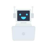 Chat Bot Using Laptop Computer, Robot Virtual Assistance Of Website Or Mobile Applications. Voice support service bot. Online support bot. Vector illustration.