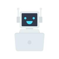 Chat Bot Using Laptop Computer, Robot Virtual Assistance Of Website Or Mobile Applications. Voice support service bot. Online support bot. Vector illustration.