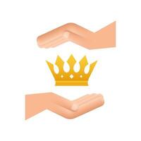 Crown of king hanging over hands isolated on white background. Gold royal icon. Motion graphics 4k vector