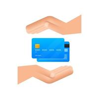 Blue simple credit card with hands template on white background. Motion graphics 4k vector