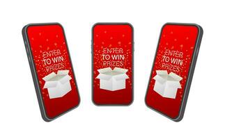 Enter to Win Prizes on smartphone screen. Open Red Gift Box and Confetti. Vector stock Illustration.