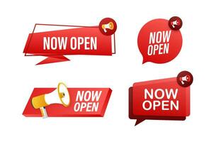 Megaphone label set with text Now open. Megaphone in hand promotion banner. Marketing and advertising vector