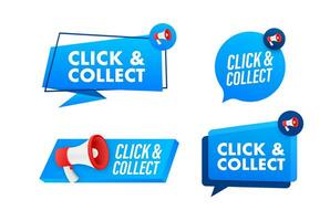 Megaphone label set with text Click and collect. Megaphone in hand promotion banner. Marketing and advertising vector