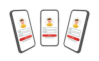 Sign in to account, user authorization, login authentication page concept. Smartphone with login and password form page on screen. Vector stock illustration