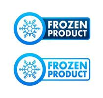 Blue frozen product and snowflake icon, label. Fresh frozen. Food logo. Vector stock illustration.