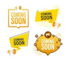 Megaphone label set with text coming soon. Megaphone in hand promotion banner. Marketing and advertising vector