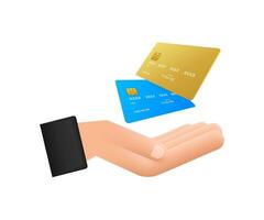 Blue simple credit card with hands template on white background. Motion graphics 4k vector