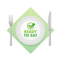 Ready to eat meal sign, label. Precooked food. Vector stock illustration