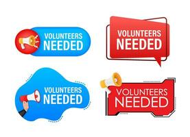 Megaphone label set with text Volunteers Needed. Megaphone in hand promotion banner. Marketing and advertising vector