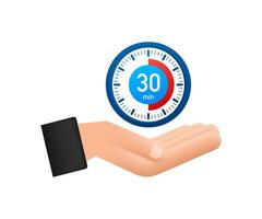 The 30 minutes, stopwatch with hands icon. Stopwatch icon in flat style, timer on on color background. Motion graphics 4k vector