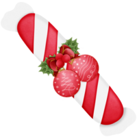 Red christmas candy cane with holly bow and ball isolated on transparent background png