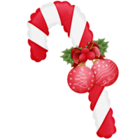 Red christmas candy cane with holly bow and ball isolated on transparent background png