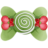 Green christmas candy cane with holly bow and ball isolated on transparent background png