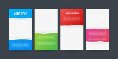 Stories template for social media with colored torn paper editable on transparent background. Vector stock illustration.